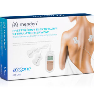 Elektroniczny stymulator nerwów na plecach z wyświetlaczem i dwoma elektrodami przykręconymi do skóry.