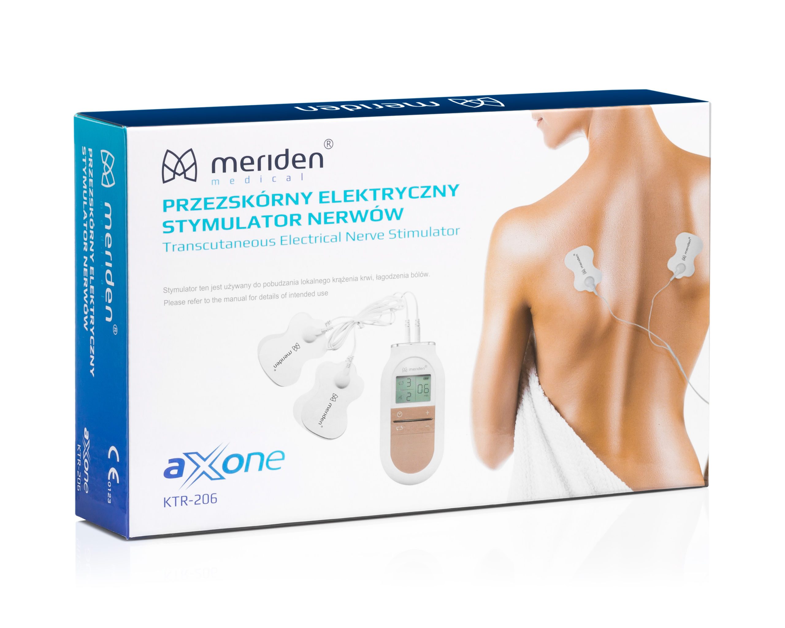 Elektroniczny stymulator nerwów na plecach z wyświetlaczem i dwoma elektrodami przykręconymi do skóry.