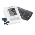 Automatyczny ciśnieniomierz z wyświetlaczem, mankietem i zasilaczem, służy do pomiaru ciśnienia krwi.