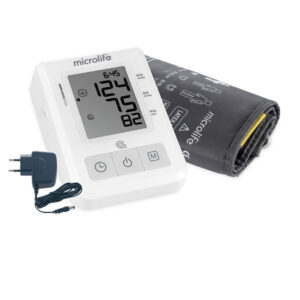 Automatyczny ciśnieniomierz z wyświetlaczem, mankietem i zasilaczem, służy do pomiaru ciśnienia krwi.