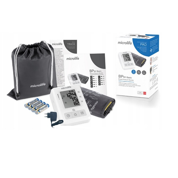 Zestaw do pomiaru ciśnienia krwi z urządzeniem, mankietem, bateriami, ładowarką, instrukcją i etui.