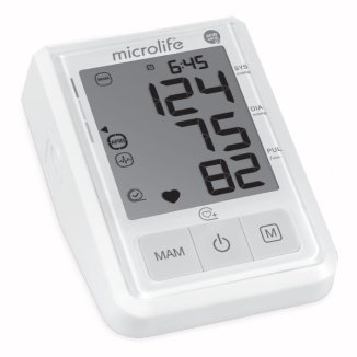 Elektroniczny ciśnieniomierz z wyświetlaczem pokazującym ciśnienie 124/75 mm Hg i tętno 82, przyciski MAM, włącznik i