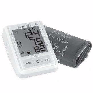 Ciśnieniomierz z wyświetlaczem pokazującym 124/75 mm Hg i puls 82, obok mankiet do pomiaru ciśnienia.