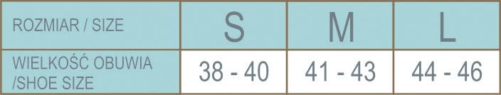 Tabela rozmiarów butów: S, M, L z zakresami numerów 38-40, 41-43 i 44-46.