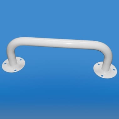 Biała barierka ochronna na niebieskim tle, zamocowana do podłoża.