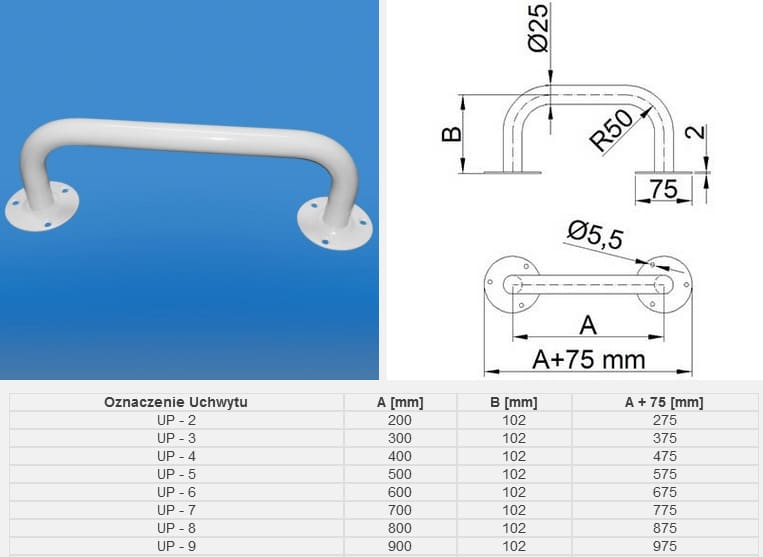 Uchwyt stalowy z wymiarami i schematem technicznym, dostępny w różnych długościach od 200 do 900 mm.