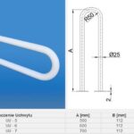 Uchwyt stalowy z dwoma wersjami długości, o wymiarach A do 700 mm, z zakrzywieniem R50 i otworami montażowymi.