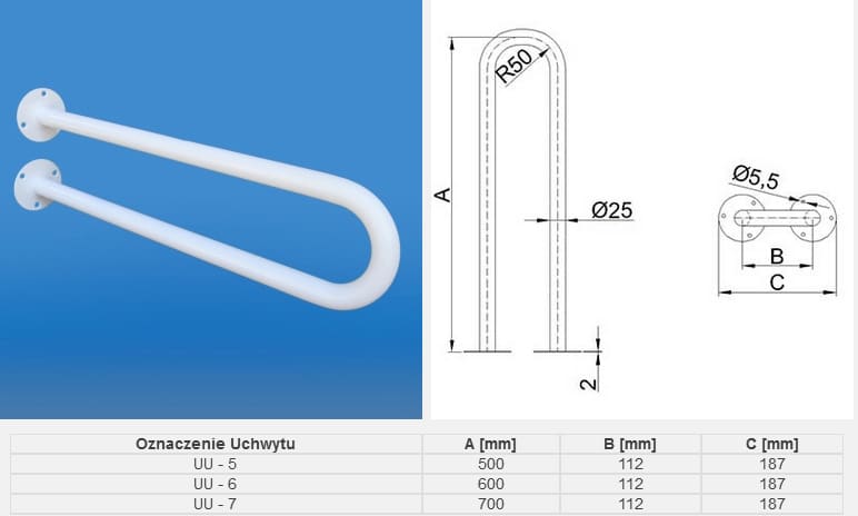 Uchwyt stalowy z dwoma wersjami długości, o wymiarach A do 700 mm, z zakrzywieniem R50 i otworami montażowymi.