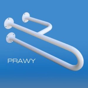 Uchwyt łazienkowy z trzema mocowaniami, zamontowany na niebieskiej ścianie, oznaczony jako PRAWY.