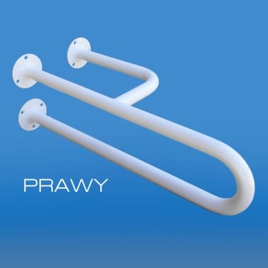 Uchwyt łazienkowy z trzema mocowaniami, zamontowany na niebieskiej ścianie, oznaczony jako PRAWY.