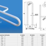 Uchwyt prysznicowy prawy, stalowy, z wymiarami A do 600 mm, B 112 mm, C 150 mm, D 250 mm, z zaokrąglonym końcem.