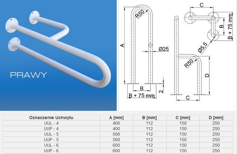 Uchwyt prysznicowy prawy, stalowy, z wymiarami A do 600 mm, B 112 mm, C 150 mm, D 250 mm, z zaokrąglonym końcem.