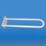 Uchwyt łazienkowy mocowany do ściany, biały, na niebieskim tle.