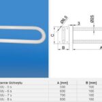 Uchwyt kąpielowy z metalowym elementem, wymiary od 500 do 800 mm długości, z mocowaniem i wygiętym końcem R50.