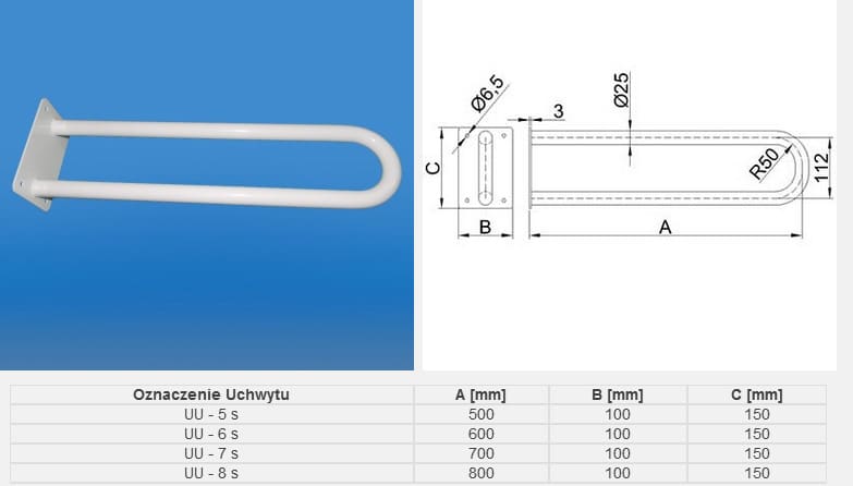 Uchwyt kąpielowy z metalowym elementem, wymiary od 500 do 800 mm długości, z mocowaniem i wygiętym końcem R50.