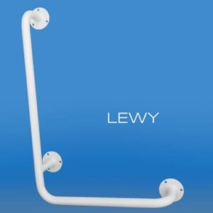 Biała rura w kształt litery L na niebieskim tle z napisem LEWY.