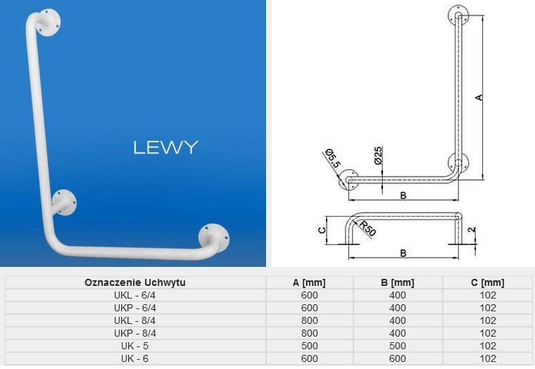 Uchwyt do wieszaków lewy, o długości 600 mm, z dwoma mocowaniami, szerokością 400 mm i wysokością 102 mm.
