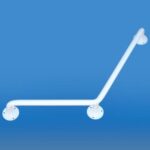 Biała poręcz do wchodzenia i schodzenia, zamontowana na ścianie, na niebieskim tle.