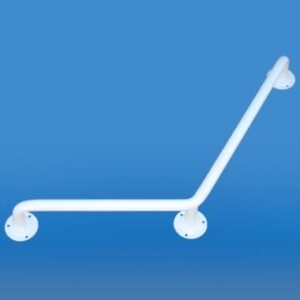 Biała poręcz do wchodzenia i schodzenia, zamontowana na ścianie, na niebieskim tle.