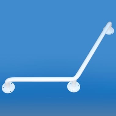 Biała poręcz do wchodzenia i schodzenia, zamontowana na ścianie, na niebieskim tle.