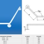 Uchwyt do wciągania z białej stali, z wymiarami i schematem technicznym, przeznaczony do montażu na ścianie.
