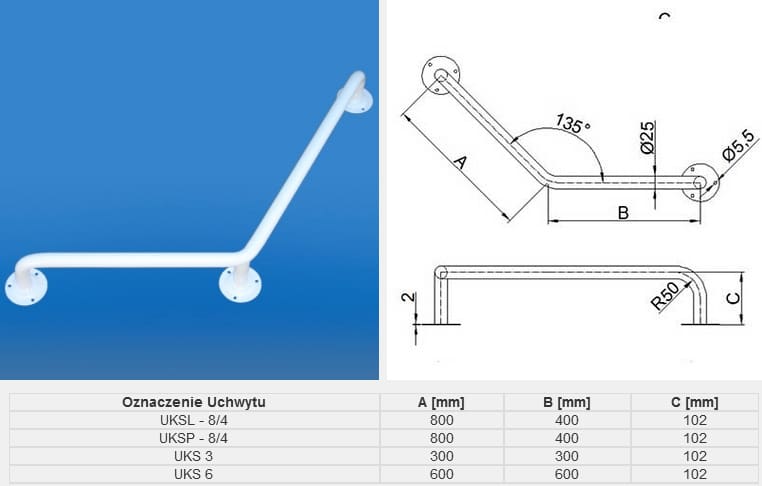 Uchwyt do wciągania z białej stali, z wymiarami i schematem technicznym, przeznaczony do montażu na ścianie.