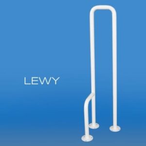 Uchwyt na papier toaletowy z napisem LEWY na niebieskim tle.