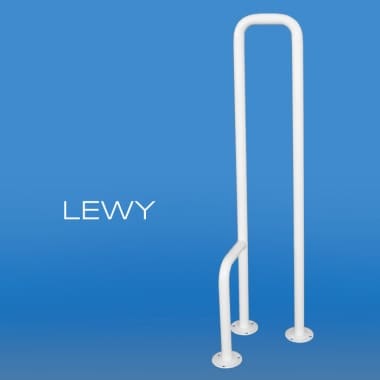 Uchwyt na papier toaletowy z napisem LEWY na niebieskim tle.