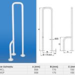 Uchwyt dla osób lewo- i prawoskrętnych, z wymiarami i schematem montażu, przeznaczony do instalacji na ścianie.