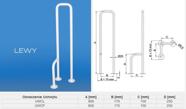 Uchwyt dla osób lewo- i prawoskrętnych, z wymiarami i schematem montażu, przeznaczony do instalacji na ścianie.