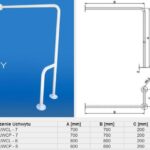 Uchwyt dla niepełnosprawnych, stalowy, z dwoma mocowaniami, dostępny w wersjach o różnych wymiarach A, B, C i D.