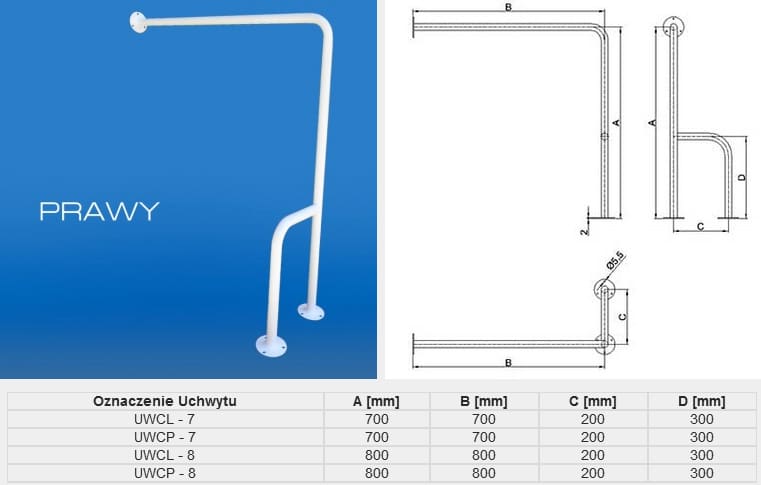 Uchwyt dla niepełnosprawnych, stalowy, z dwoma mocowaniami, dostępny w wersjach o różnych wymiarach A, B, C i D.