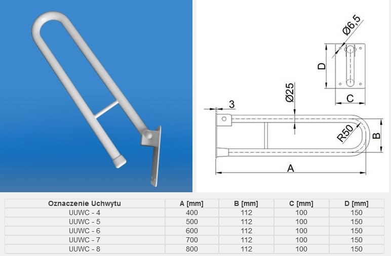 Uchwyt z metalową rurą i płytą montażową, dostępny w różnych rozmiarach od 400 do 800 mm długości.