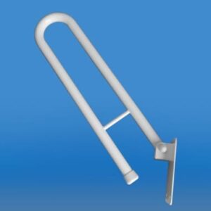 Uchwyt łóżka z metalową podstawą i mocowaniem do ściany, ustawiony pod kątem na niebieskim tle.