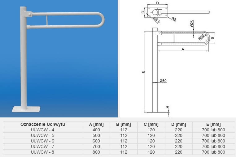 Uchwyt z metalowym ramieniem i podstawą, z tabelą wymiarów i schematem technicznym.