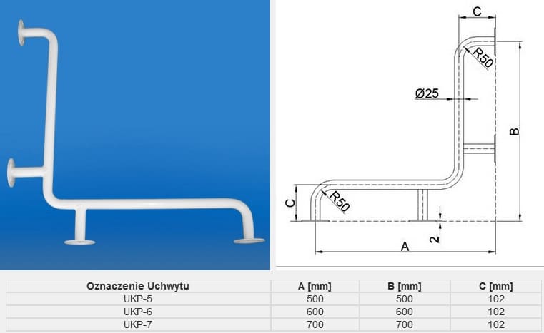 Uchwyt do siedzenia z prostą konstrukcją, wymiary od 500 do 700 mm, z zaokrąglonymi krawędziami R50.
