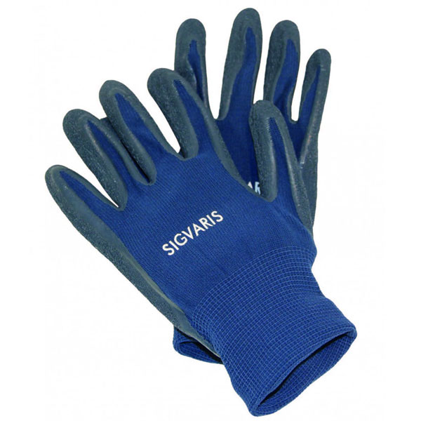 Rękawice robocze niebieskie z szarymi wstawkami, z napisem SIGVARIS na dłoni.