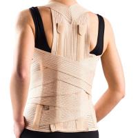 Osoba z opaską na brzuchu, ubrana w czarne topy, widoczna od tyłu, na tle jasnej ściany.