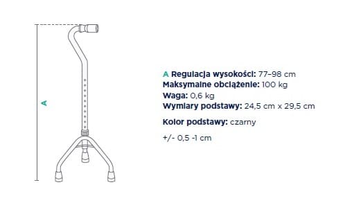 Ręczny wózek inwalidzki z regulacją wysokości, czarny, o wymiarach podstawy 24,5 x 29,5 cm, maksymalne obciążenie 100 k