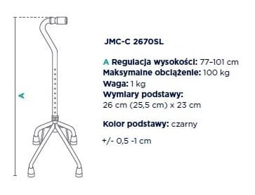 Laska ortopedyczna z regulacją wysokości od 77 do 101 cm, czarna, z trójnożną podstawą i gumową końcówką.