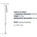 Szczegóły techniczne kijków trekkingowych, w tym model TGR-R LA 833L2, regulacja wysokości, waga 0,3 kg i maksymalne obci