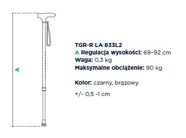 Szczegóły techniczne kijków trekkingowych, w tym model TGR-R LA 833L2, regulacja wysokości, waga 0,3 kg i maksymalne obci