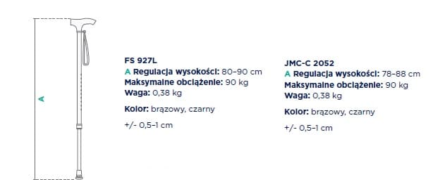 Poręcze o regulowanej wysokości, brązowe i czarne, z maksymalnym obciążeniem 90 kg, różne modele i wymiary.