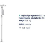 Kuleczka inwalidzka z regulacją wysokości 77-87 cm, czarna, z maksymalnym obciążeniem 90 kg, waży 0,4 kg.