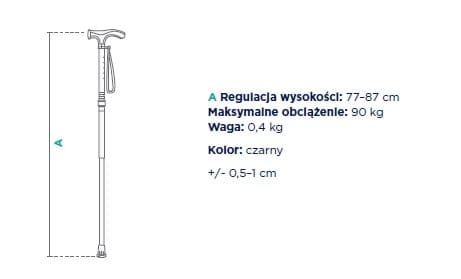 Kuleczka inwalidzka z regulacją wysokości 77-87 cm, czarna, z maksymalnym obciążeniem 90 kg, waży 0,4 kg.