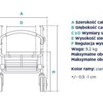 Schemat techniczny wózka inwalidzkiego z wymiarami, wagą i kolorem ramy ciemnoniebieskim.