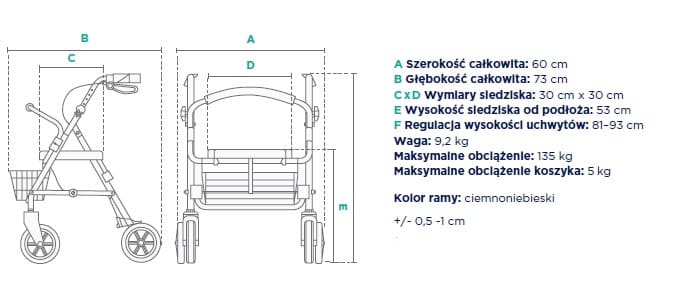 Schemat techniczny wózka inwalidzkiego z wymiarami, wagą i kolorem ramy ciemnoniebieskim.
