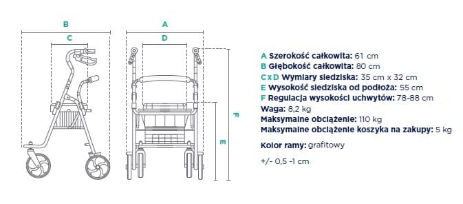 Wózek inwalidzki z regulowaną wysokością siedziska, grafitowym ramem, szerokością 61 cm, waga 8,2 kg, z maksymalnym obc