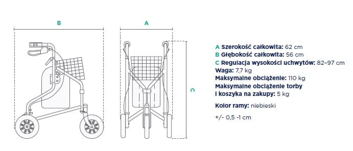 Wózek inwalidzki z regulowaną wysokością uchwytów, niebieską ramą, szerokością 62 cm i głębokością 56 cm, waży