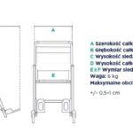 Schemat techniczny wózka inwalidzkiego z wymiarami i wagą, widok z boku i z przodu.